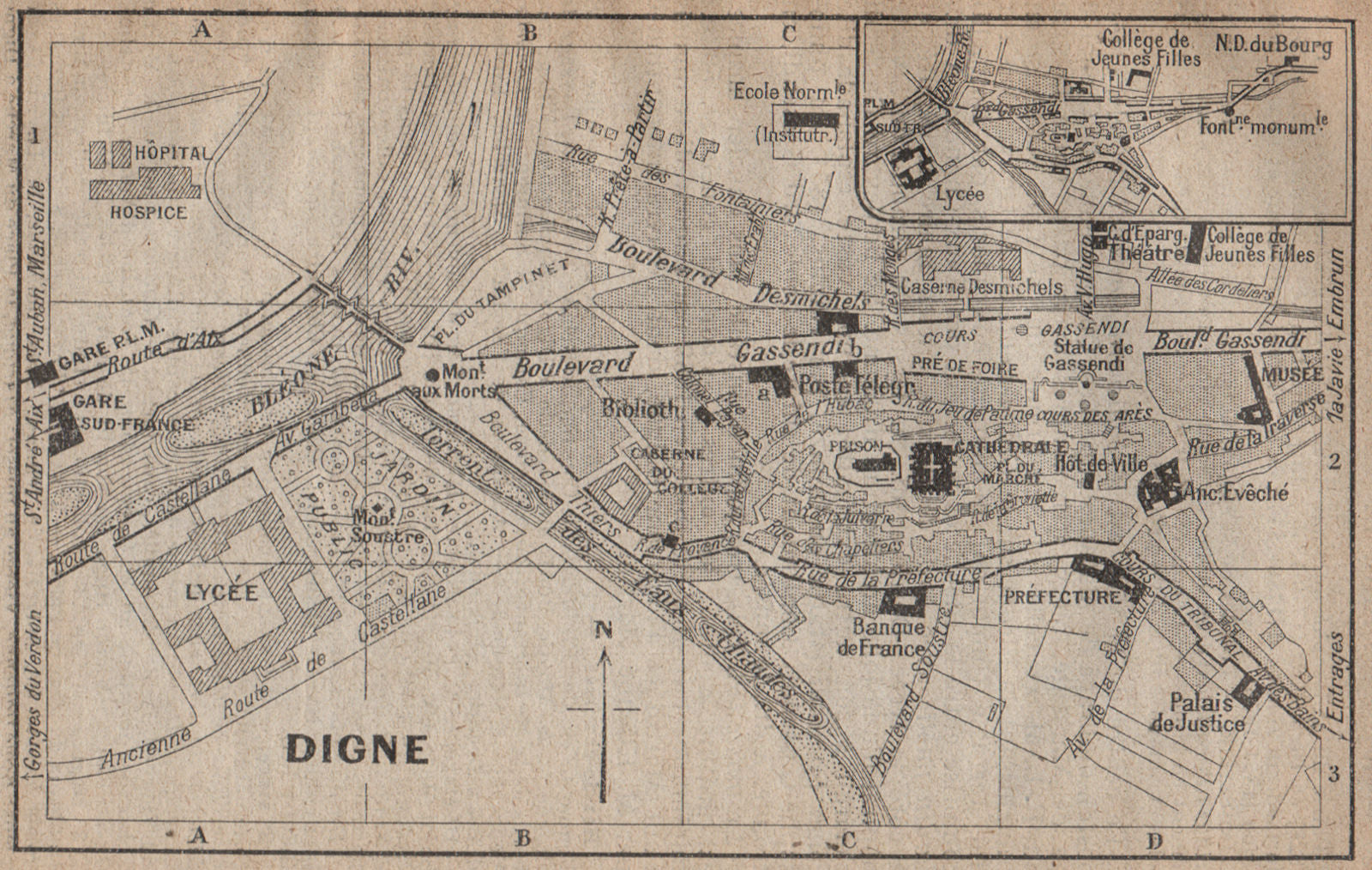 DIGNE-LES-BAINS vintage town city ville plan. Alpes-de-Haute-Provence 1925 map